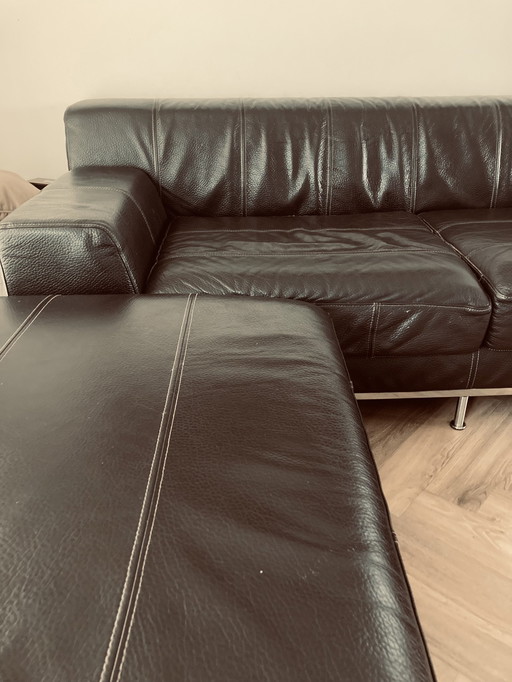 Beautiful Brown Leather Sofa With Hocker