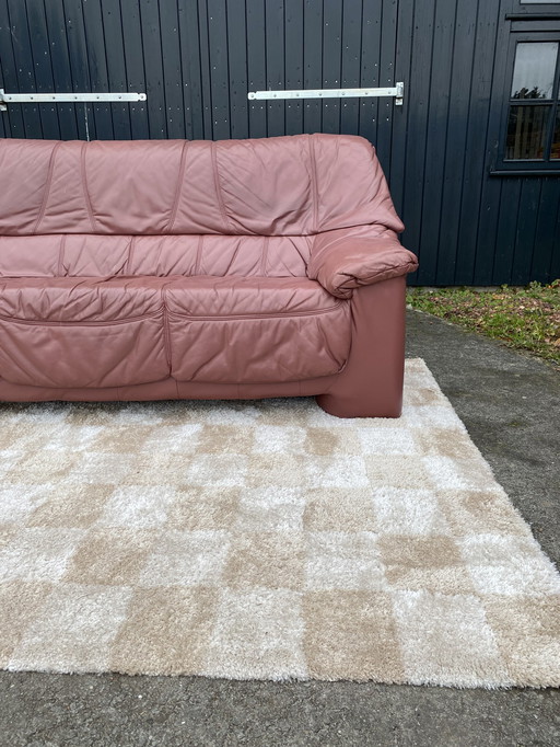 Vintage old pink leather 3-seater sofa