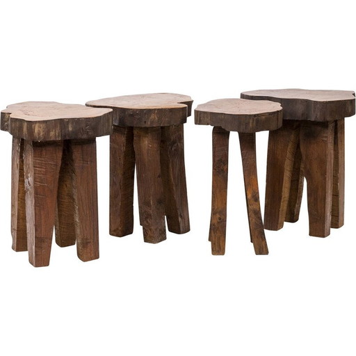 Set of 4 vintage elmwood stools, 1970
