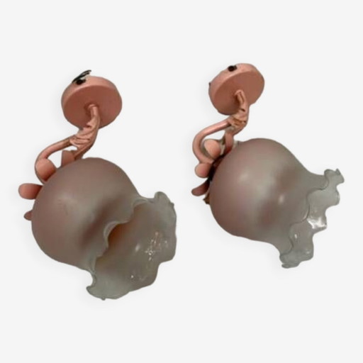 80's Pink Opaline And Pink Painted Iron Wall Sconces