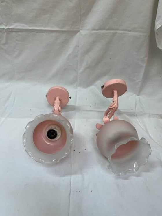 Image 1 of 80's Pink Opaline And Pink Painted Iron Wall Sconces