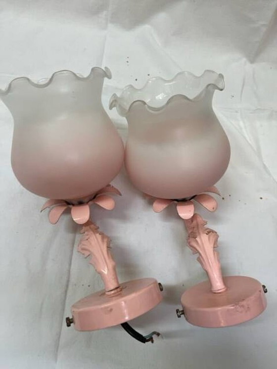Image 1 of 80's Pink Opaline And Pink Painted Iron Wall Sconces