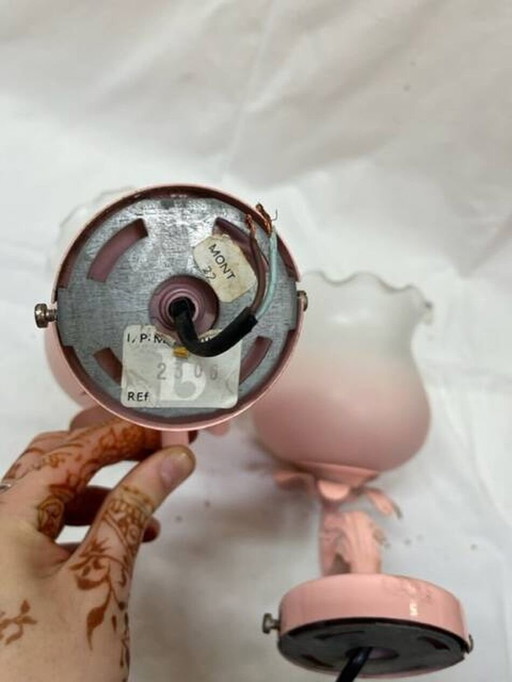 80's Pink Opaline And Pink Painted Iron Wall Sconces