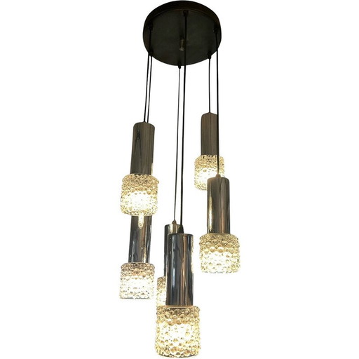 Vintage 6-light glass and metal chandelier, 1970