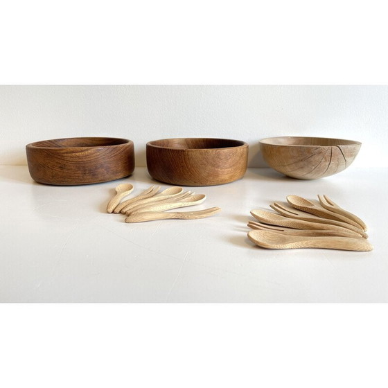 Image 1 of Set di 3 ciotole vintage con 12 posate in legno e teak