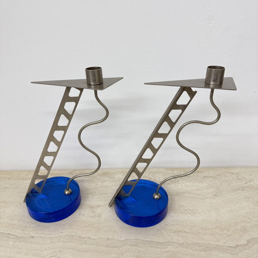 Set Of 2 Memphis Style Candle Sitcks With Glass Base , 1980S