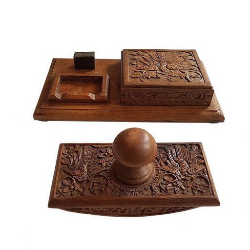 Vintage Art Deco Asian Hand Carved Desk Set, Set of 2