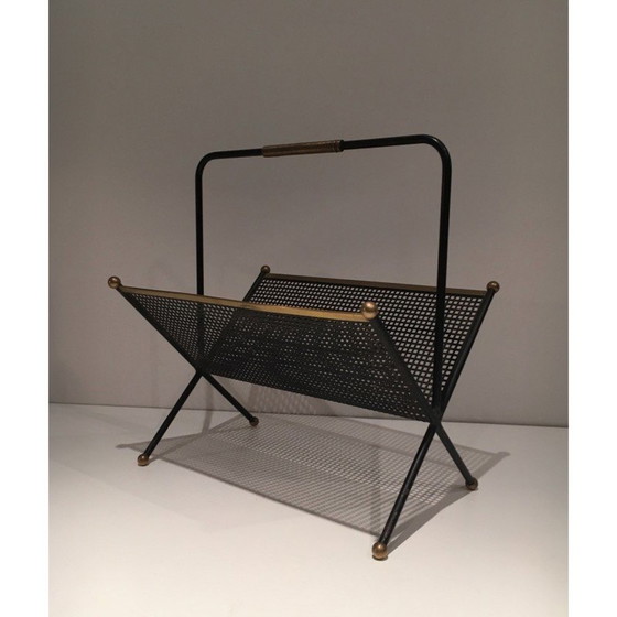 Image 1 of Vintage magazine rack in black lacquered metal and brass, France 1950