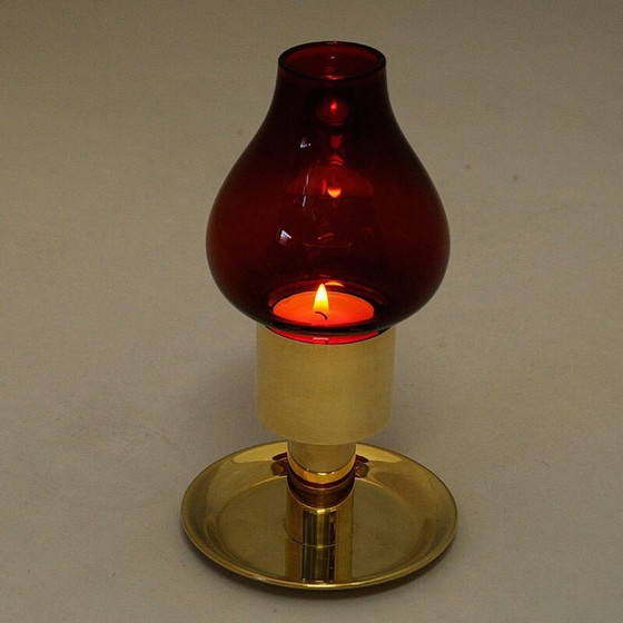 Image 1 of Scandinavian vintage candlestick in red glass and brass, 1960