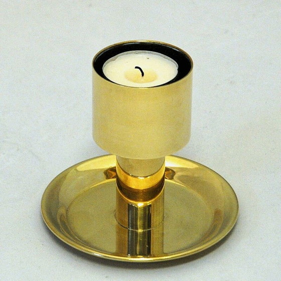 Image 1 of Scandinavian vintage candlestick in red glass and brass, 1960