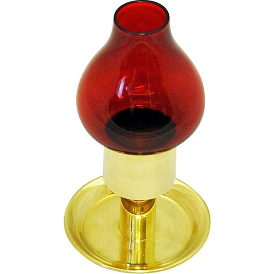 Image 1 of Scandinavian vintage candlestick in red glass and brass, 1960