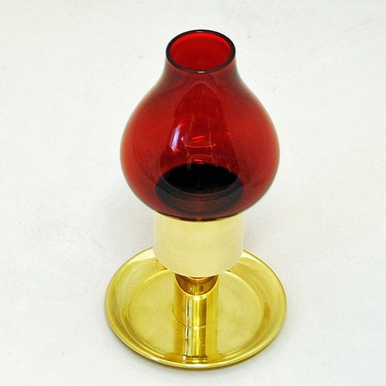 Image 1 of Scandinavian vintage candlestick in red glass and brass, 1960