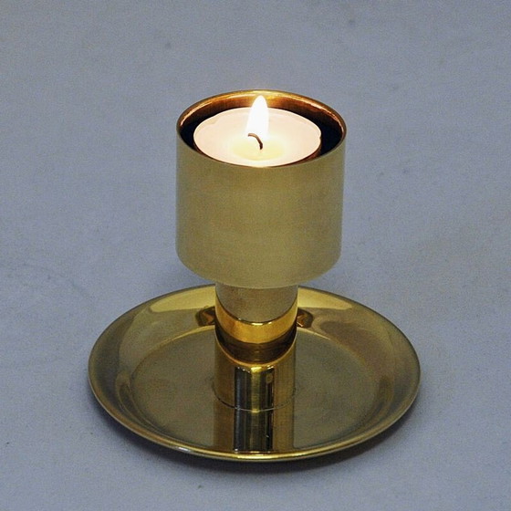 Image 1 of Scandinavian vintage candlestick in red glass and brass, 1960