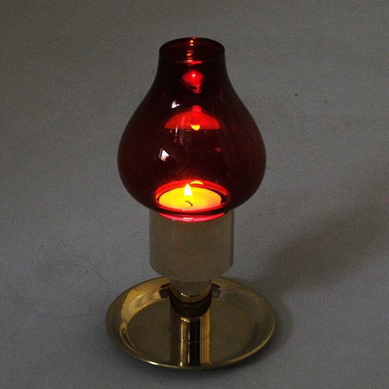 Image 1 of Scandinavian vintage candlestick in red glass and brass, 1960