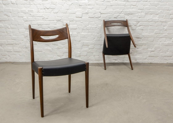 Image 1 of Set of Four Teak Wood and Black Leatherette Dining Chairs in Style of Webe, 1960s