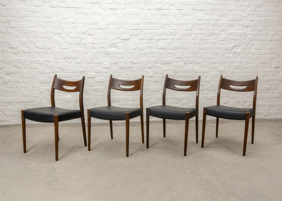 Image 1 of Set of Four Teak Wood and Black Leatherette Dining Chairs in Style of Webe, 1960s