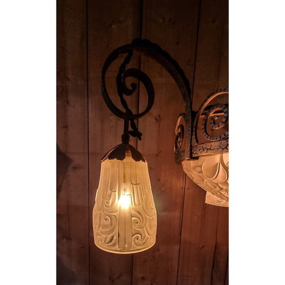 Image 1 of Vintage Art Deco chandelier in silvered bronze and pressed-molded glass for Primaflore, France 1930
