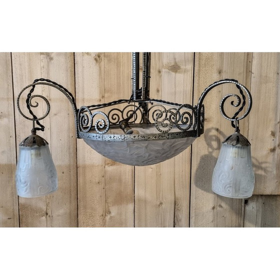 Image 1 of Vintage Art Deco chandelier in silvered bronze and pressed-molded glass for Primaflore, France 1930