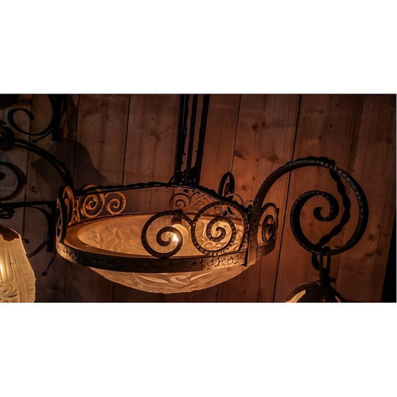 Image 1 of Vintage Art Deco chandelier in silvered bronze and pressed-molded glass for Primaflore, France 1930