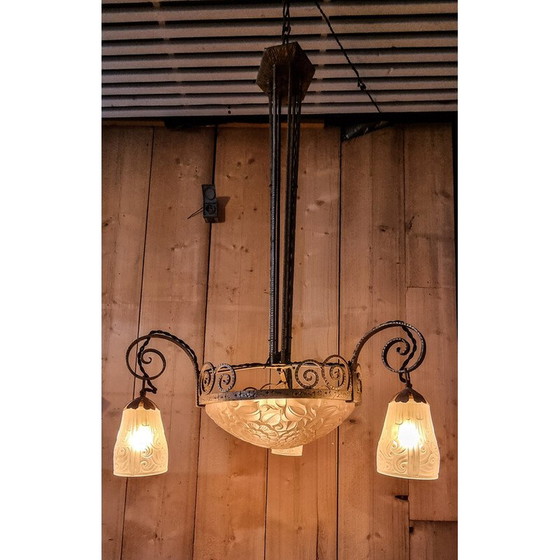 Image 1 of Vintage Art Deco chandelier in silvered bronze and pressed-molded glass for Primaflore, France 1930