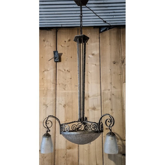 Image 1 of Vintage Art Deco chandelier in silvered bronze and pressed-molded glass for Primaflore, France 1930