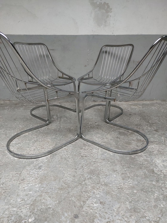 Image 1 of 4x chrome tubular cantilever dining chairs