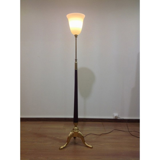 Image 1 of Tripod floorlamp in brass, mahogany and glass  - 1930s