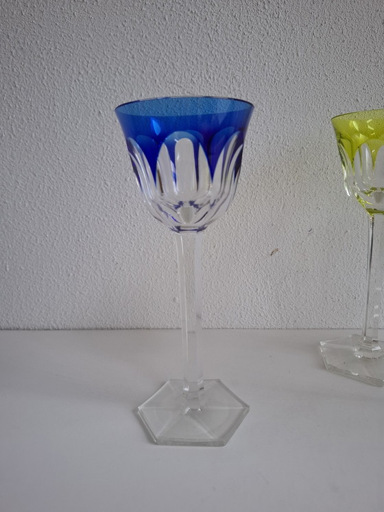 Image 1 of 6 Colored Vintage Crystal Wine Glasses