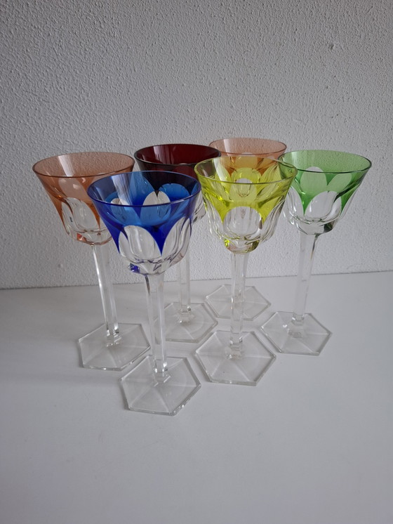 Image 1 of 6 Colored Vintage Crystal Wine Glasses