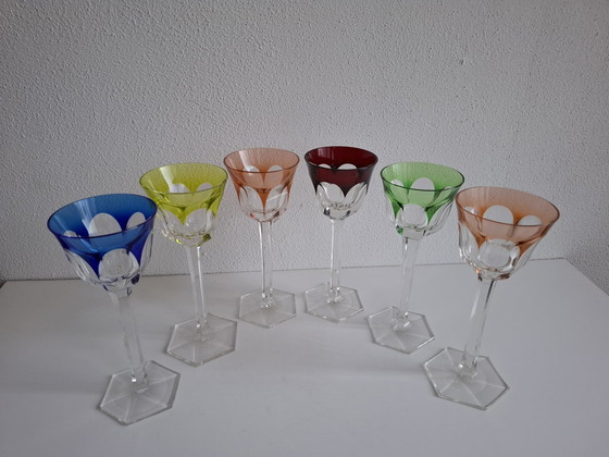 Image 1 of 6 Colored Vintage Crystal Wine Glasses