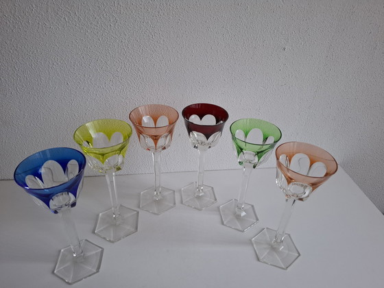 Image 1 of 6 Colored Vintage Crystal Wine Glasses