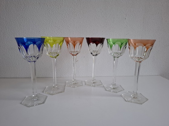 Image 1 of 6 Colored Vintage Crystal Wine Glasses