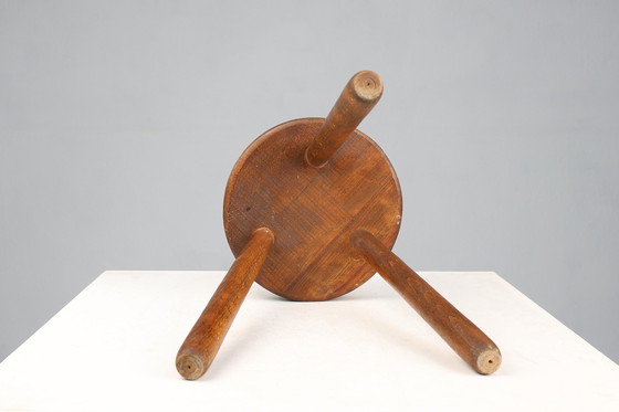 Image 1 of French Handcrafted Brutalist Rustic Low Tripod Stool in Solid Wood