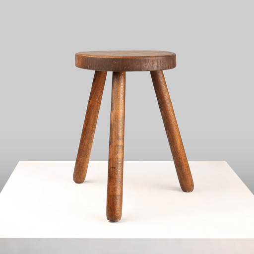 French Handcrafted Brutalist Rustic Low Tripod Stool in Solid Wood