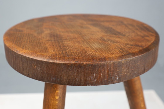 Image 1 of French Handcrafted Brutalist Rustic Low Tripod Stool in Solid Wood