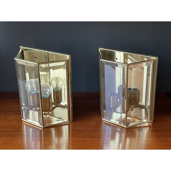 Image 1 of Pair of vintage brass and glass wall lights, France 1980s
