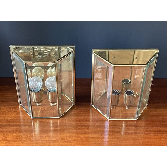 Image 1 of Pair of vintage brass and glass wall lights, France 1980s