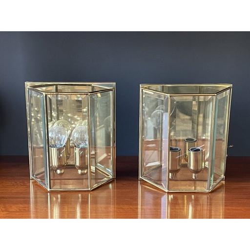 Pair of vintage brass and glass wall lights, France 1980s