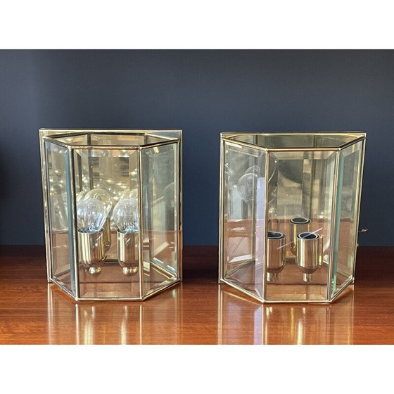 Image 1 of Pair of vintage brass and glass wall lights, France 1980s