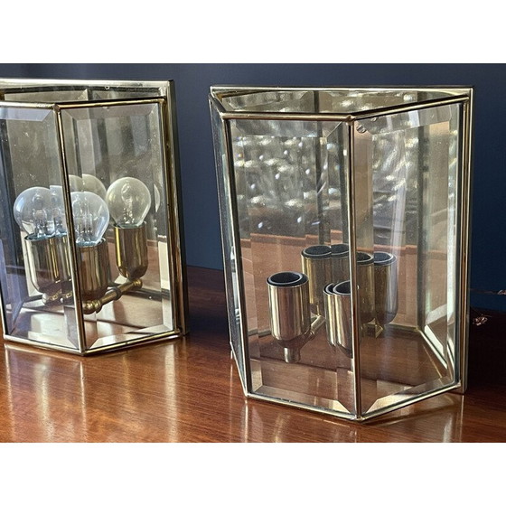 Image 1 of Pair of vintage brass and glass wall lights, France 1980s