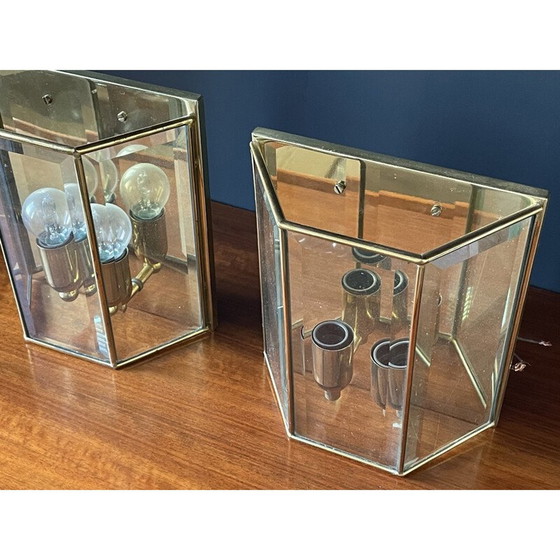Image 1 of Pair of vintage brass and glass wall lights, France 1980s