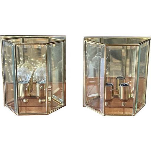 Pair of vintage brass and glass wall lights, France 1980s