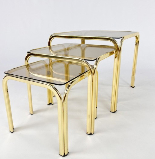 3x Brass Nesting Tables With Glass Fumé Top