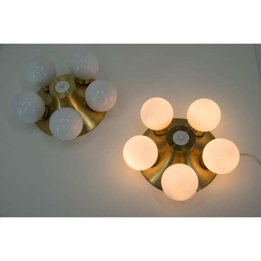 Pair of vintage brass and opal glass wall sconces by Elektroinstala Decin, Czechoslovakia 1970