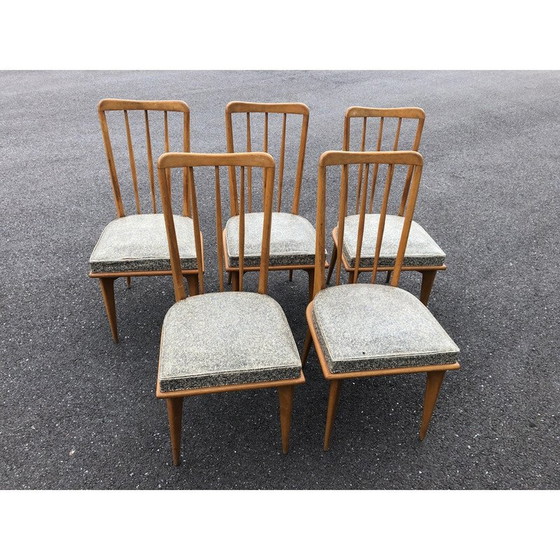 Image 1 of Set of 5 vintage chairs with speckled leatherette seats by Charles Ramos, 1950