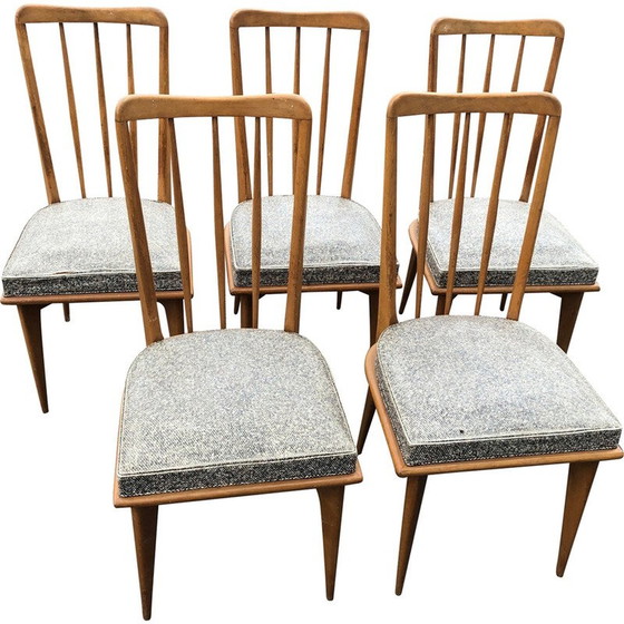 Image 1 of Set of 5 vintage chairs with speckled leatherette seats by Charles Ramos, 1950