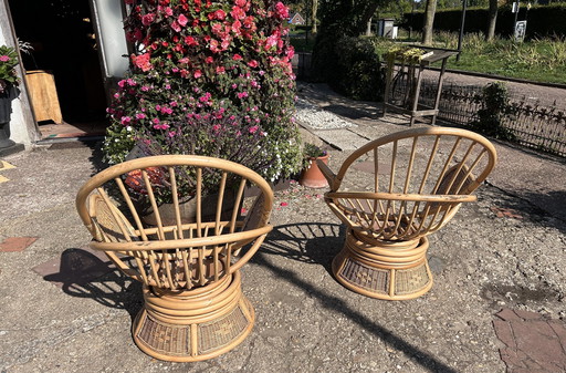 Mid Century Retro Vintage Bamboo Swivel Chairs 