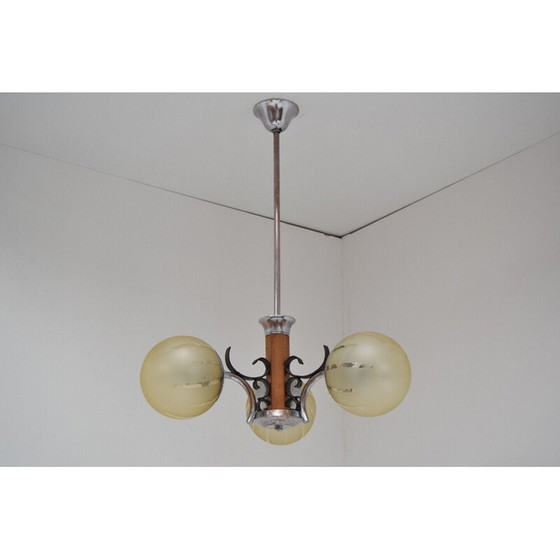 Image 1 of Vintage art deco glass and wood chandelier, Czechoslovakia 1930