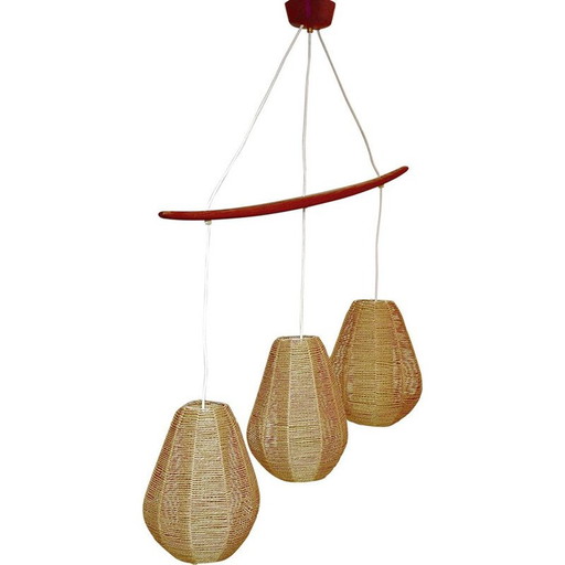 Vintage scandinavian chandelier, teak, rope, rhodoid, 1960