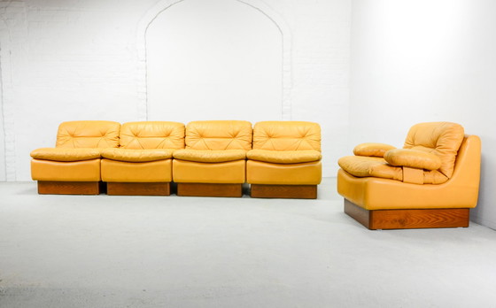 Image 1 of Exclusive Dreipunkt Honey Yellow Leather Modular Sofaset 4 Elements. Germany, 1970s.